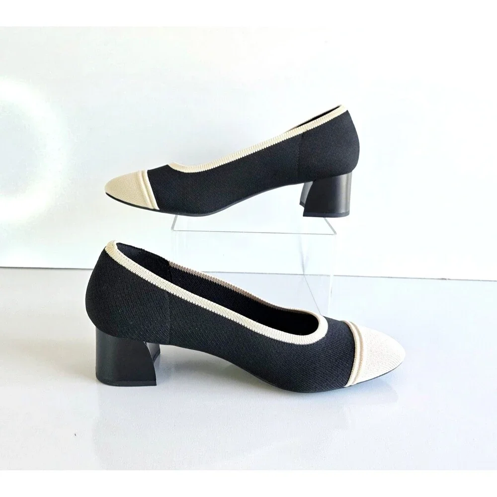 VIVAIA Julie Arch Pro Almond Toe Chunky Heels Black Ivory 40.5 9 9.5 Knit Pumps